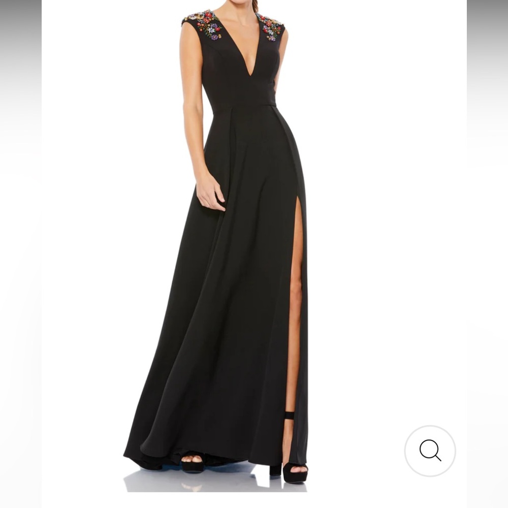 Mac Duggal Beaded Cap Sleeve V Neck A-line Slit Dress Black Sz 6